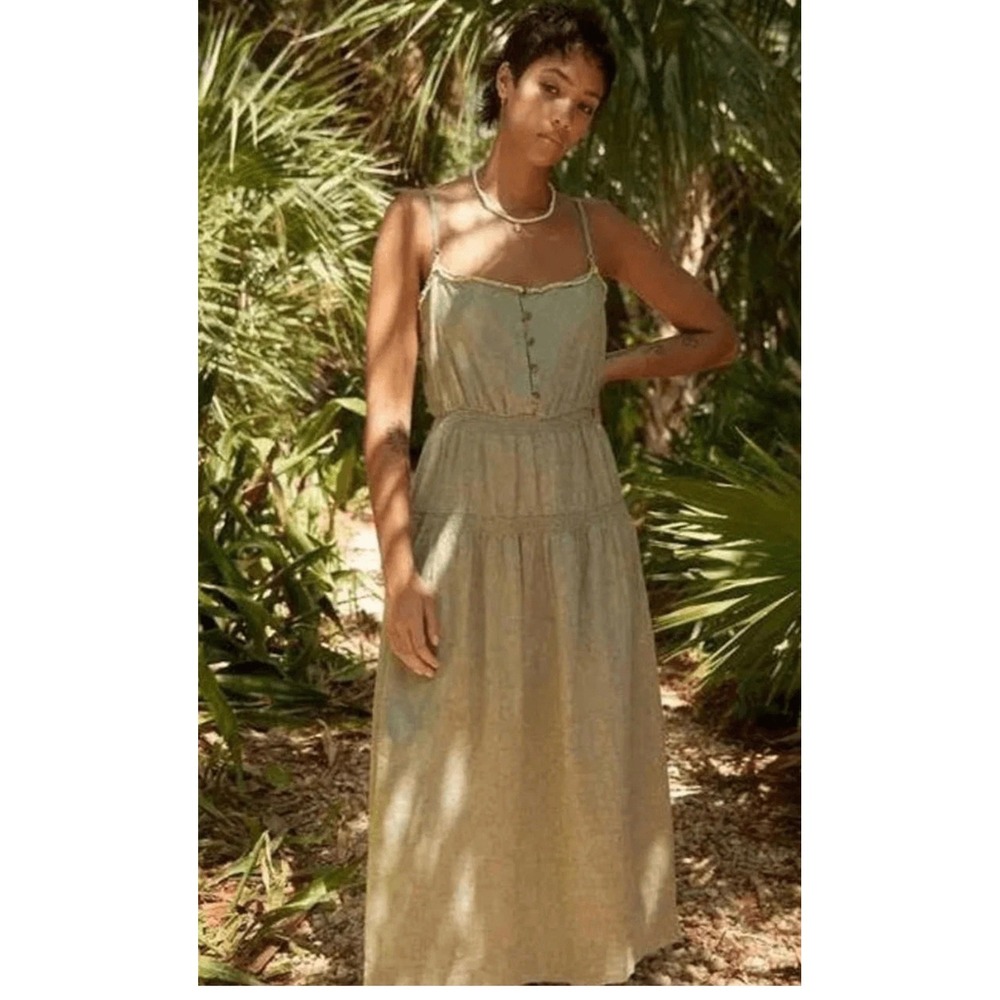Ella Linen Drop Waist Midi Summer Dress Sage Sz Small | Safari | Utilitarian